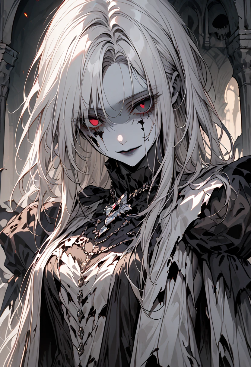 solo, female, grey skin, long white hair, silver brooch, dry body:1.2, empty eye-sockets, eyeless, gouged out eyes, decaying heavily, gentle smile, face, pinup pose, elegant rotten gown, dressed in royal rags, graceful, close up, crypt, dark, worn clothes,