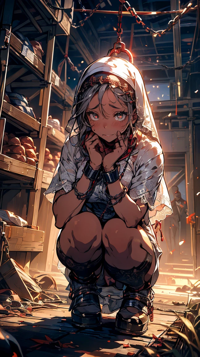 ((nun:1.3,woman)),((Clothes,button-down)),((See-through dress:1.0)),{Mature Woman},(Ecstasy:1.2),((tears:1.1)),Professional Illustration,{Squint eyes},Very detailed, Dynamic Angle, ((Perfect hands)), Smooth, lustrous skin, Thin Hair, Beautiful Eyes, Great background,Cinema Lighting, Ray Tracing, Sacred Light, perspective,(lace panties),(At church),(Embarrassing,blush),(Ahegao:1.2),hair, ((((Red eye)))) ,squatting, legs apart, tied back with a rope, chained, hands chained, Bondage, slave collars, chains around the neck, in a dark basement, cobblestones with an eerie cold atmosphere, tied behind the hands with ropes, ((silver big chains, hung by chains, pulled up by chains)), ((Restraints, slaves)), contempt, tears, shackles, shackles, charm, submission, necklaces, oily skin,