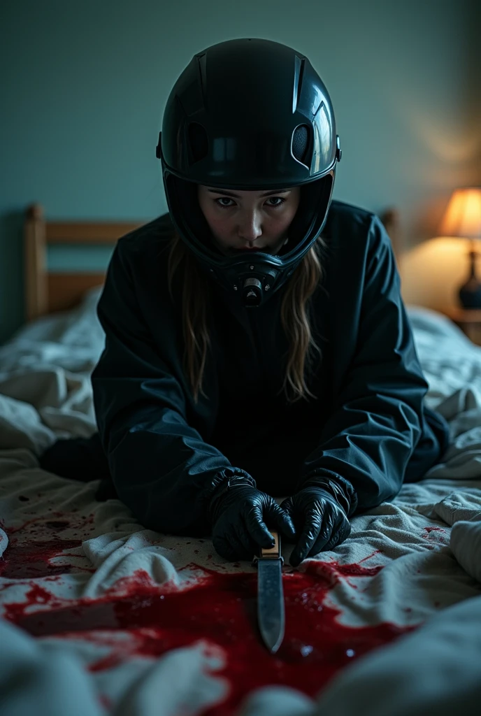korean girl, (behind multiple corpse, black biker helmet), holding knife, stabbing, black gloves, room full of blood, black raincoat, plump girl, behind bound hostage, holding knife, black gloves, behind multiple corpse, blood splatter, 20 years old, bed room, black wet suit, night, mass murderer, killer, robbery, dark atmosphere, cinematic lighting, atmospheric realistic, light from the window, close-up,
