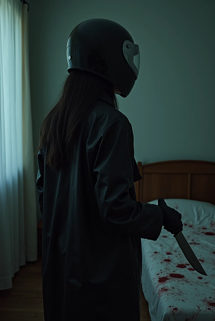 korean girl, (behind multiple corpse, black biker helmet), holding knife, stabbing, black gloves, room full of blood, black raincoat, plump girl, behind bound hostage, holding knife, black gloves, behind multiple corpse, blood splatter, 20 years old, bed room, black wet suit, night, mass murderer, killer, robbery, dark atmosphere, cinematic lighting, atmospheric realistic, light from the window, close-up,