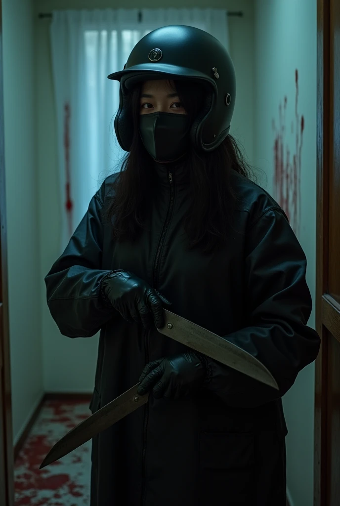 korean girl, (behind multiple corpse, black biker helmet), holding knife, stabbing, black gloves, room full of blood, black raincoat, plump girl, behind bound hostage, holding knife, black gloves, behind multiple corpse, blood splatter, 20 years old, bed room, black wet suit, night, mass murderer, killer, robbery, dark atmosphere, cinematic lighting, atmospheric realistic, light from the window, close-up,