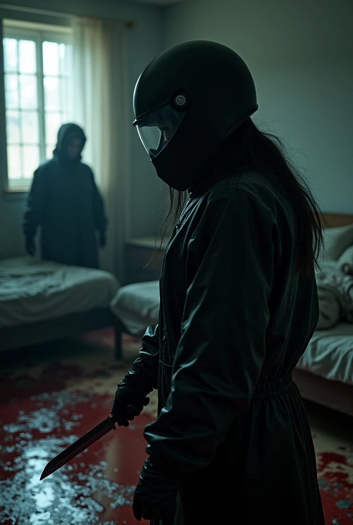 korean girl, (behind multiple corpse, black biker helmet), holding knife, stabbing, black gloves, room full of blood, black raincoat, plump girl, behind bound hostage, holding knife, black gloves, behind multiple corpse, blood splatter, 20 years old, bed room, black wet suit, night, mass murderer, killer, robbery, dark atmosphere, cinematic lighting, atmospheric realistic, light from the window, close-up,