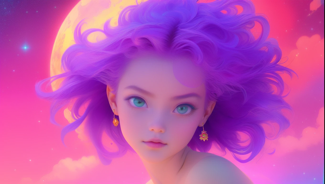 (best quality, ultra-detailed, photorealistic: 1.39), bright and vibrant colors, studio lighting, moon god, love part lips, Red moon, sky shooting stars, soft azure clouds, sparkling, sparkling neon green ocean waves, purple roses in the purple ocean, fantasy, diamond, crown, universe, soft lights, sparkling eyes, cute biquini, within the vast purple ocean, roses city, hair purple, florest of girl, fantasy wolrd