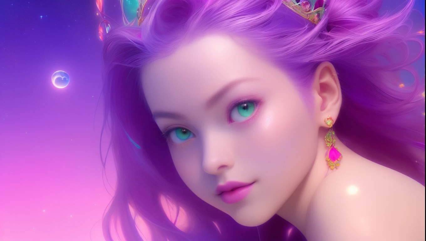 (best quality, ultra-detailed, photorealistic: 1.39), bright and vibrant colors, studio lighting, moon god, love part lips,  Red moon, sky shooting stars, soft azure clouds, sparkling, sparkling neon green ocean waves, purple roses in the purple ocean, fantasy, diamond, crown, universe, soft lights, sparkling eyes, cute biquini, within the vast purple ocean, roses city, hair purple, florest of girl, fantasy wolrd 