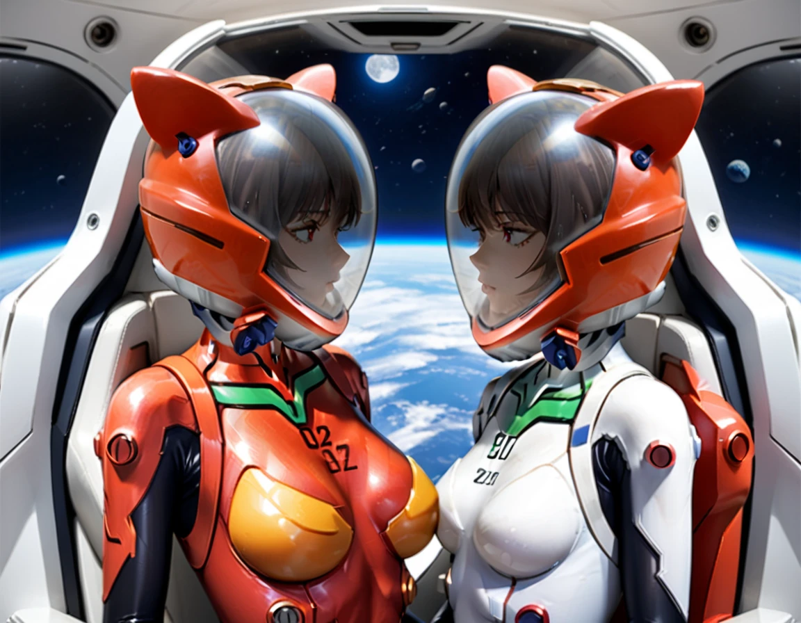 RED bodysuit, plugsuit,evangelion,RED helmet, space helmet ,eva helmet,astronaut) brown hair, a pair of girls, very short hair, black hair, breast press, symmetrical docking, short hair, eye contact, looking at others, , upper body, face to face, ,(blushing),  heavy breathing, sweat, woman , juice, completely , navel, buttocks, sitting, room, cocpit blushing, sweat, eye contact, space helmet, cockpit of a (futuristic spaceship:1.1), sitting in the captains chair, (intricate control panels:1.3), (gleaming metal:1.1), eva helm, , pink hair, , space helmet,wearing a, hovering, flying, moon surface, earth, floating pose, happy, smilebeautiful 8k wallpaper, highly advanced, (sleek design:1.3), intricate, highres, superb, 8k wallpaper, extremely detailed, intricate,(, cat ears, RED helmet,  