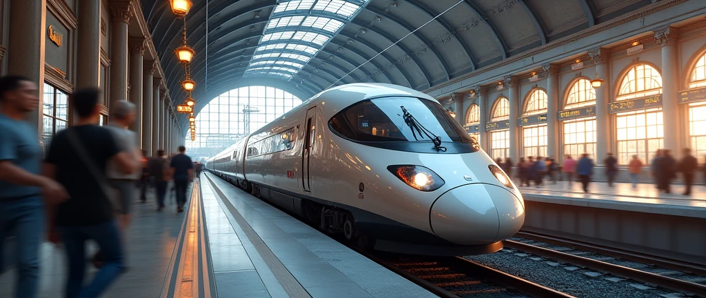(photorealism:1.2 train stations high speed train
