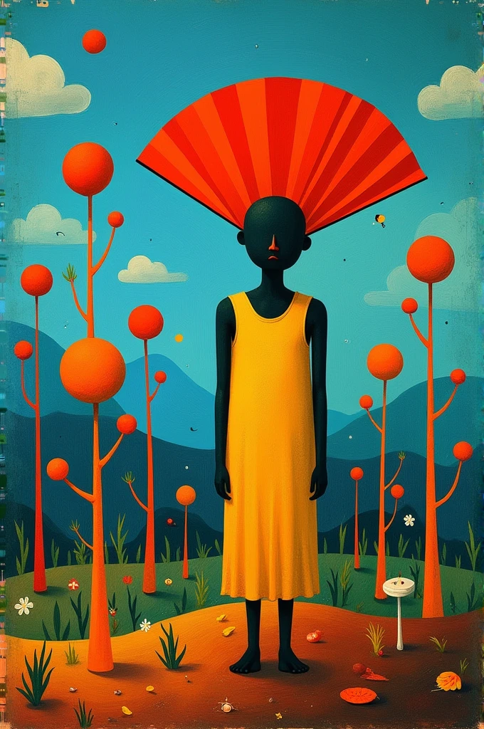 Make me a cover for a new Myke Towers album similar to a Joan Miró artwork. That contains trees,remaining, a fan etc