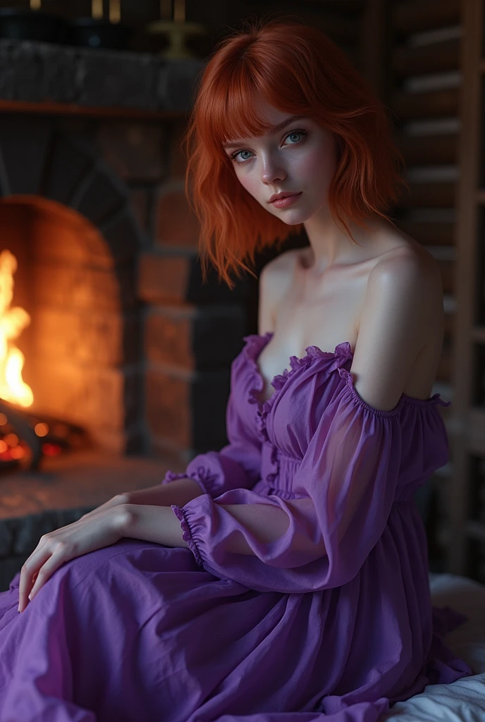 Masterpiece, (((full figure))) entire body in frame, (((magical lighting action shot))) (((beautiful slight smile anorexic pale goddess Irish woman))), (((sitting in a cozy log cabin with a fireplace))), ((( flowing purple dress showing off body looking into camera))) , (((short redhead hair))) moody lighting, purple colors, very detailed, dramatic lighting, digital art trending on Artstation 8k HD high definition detailed realistic, detailed, skin texture, hyper detailed, realistic skin texture, armature, best quality, ultra high res, (photorealistic:1.4), high resolution, detailed, raw photo, sharp re, by lee jeffries nikon d850 film stock photograph 4 kodak portra 400 camera f1.6 lens rich colors hyper realistic lifelike texture dramatic lighting unrealengine trending on artstation cinestill 800, (((accurate female anatomy, perfect eyes))), ass emphasized, ((wide hips, slightly rounded, accentuated ass)), (((pokies)))