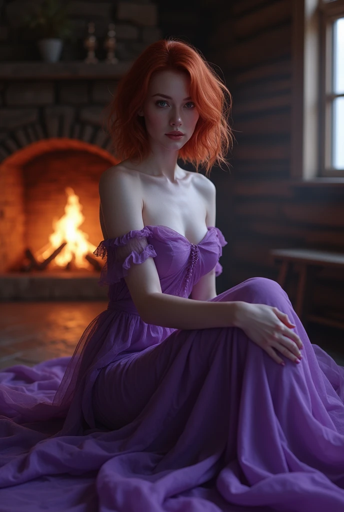 Masterpiece, (((full figure))) entire body in frame, (((magical lighting action shot))) (((beautiful slight smile anorexic pale goddess Irish woman))), (((sitting in a cozy log cabin with a fireplace))), ((( flowing purple dress showing off body looking into camera))) , (((short redhead hair))) moody lighting, purple colors, very detailed, dramatic lighting, digital art trending on Artstation 8k HD high definition detailed realistic, detailed, skin texture, hyper detailed, realistic skin texture, armature, best quality, ultra high res, (photorealistic:1.4), high resolution, detailed, raw photo, sharp re, by lee jeffries nikon d850 film stock photograph 4 kodak portra 400 camera f1.6 lens rich colors hyper realistic lifelike texture dramatic lighting unrealengine trending on artstation cinestill 800, (((accurate female anatomy, perfect eyes))), ass emphasized, ((wide hips, slightly rounded, accentuated ass)), (((pokies)))