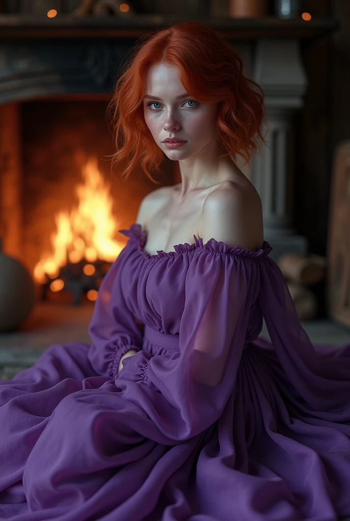 Masterpiece, (((full figure))) entire body in frame, (((magical lighting action shot))) (((beautiful slight smile anorexic pale goddess Irish woman))), (((sitting in a cozy log cabin with a fireplace))), ((( flowing purple dress showing off body looking into camera))) , (((short redhead hair))) moody lighting, purple colors, very detailed, dramatic lighting, digital art trending on Artstation 8k HD high definition detailed realistic, detailed, skin texture, hyper detailed, realistic skin texture, armature, best quality, ultra high res, (photorealistic:1.4), high resolution, detailed, raw photo, sharp re, by lee jeffries nikon d850 film stock photograph 4 kodak portra 400 camera f1.6 lens rich colors hyper realistic lifelike texture dramatic lighting unrealengine trending on artstation cinestill 800, (((accurate female anatomy, perfect eyes))), ass emphasized, ((wide hips, slightly rounded, accentuated ass)), (((pokies)))