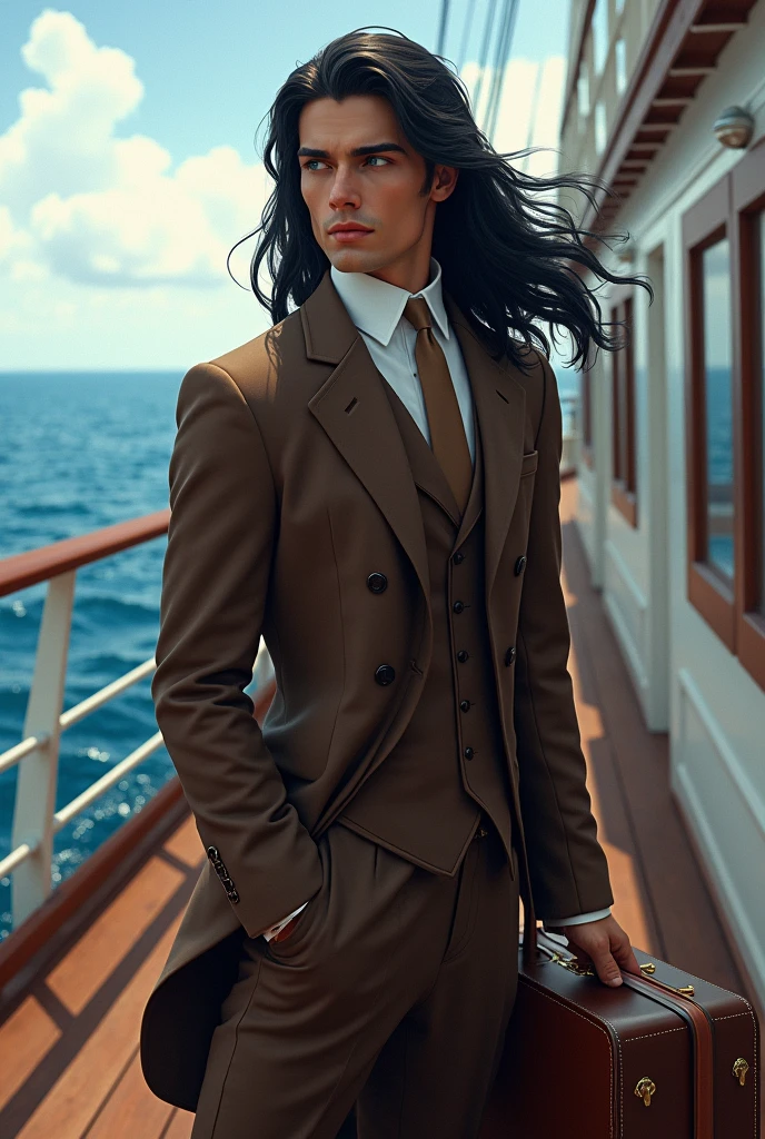 Handsome and manly man of , incredibly beautiful and feminine face)), ((long black hair)), ((Noble Duke)), in a brown suit with a suitcase ((sapphire blue eyes)), (( Terry Granchester ), (), Natural light, Dynamic, Highly detailed, Artstation Painting, Conceptual art, Soft and crisp, Sharp focus, Illustration, High shot, Thin body, It's a duke standing outside on an ocean liner in front of the sea en la época de 1914
