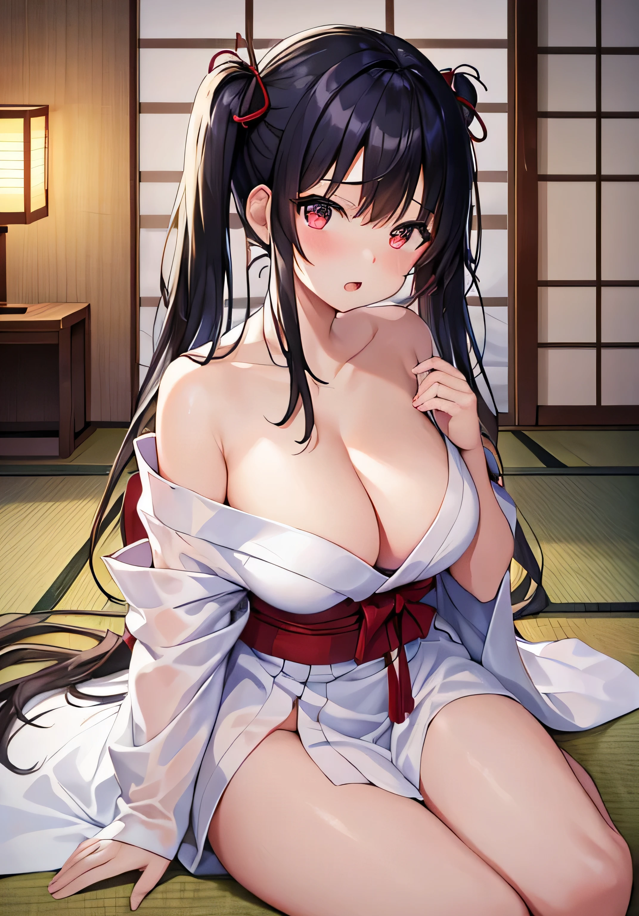 masterpiece、Highest quality、Ultra-high resolution、nsfw、age girl with big breasts、twin tail hairstyle、black hair、Red face、shyly、open your mouth just a little、A white yukata made of white towel fabric with exposed shoulder、cleavage、sit on the Futon mattress、inside Japanese style tatami room at night time、night time