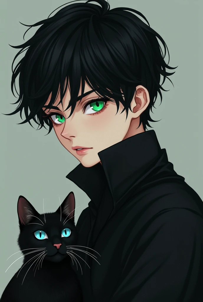 A black-haired teenage boy with heterochromia, one eye blue and the other green, with a black cat also having heterochromia, one eye blue and the other green.