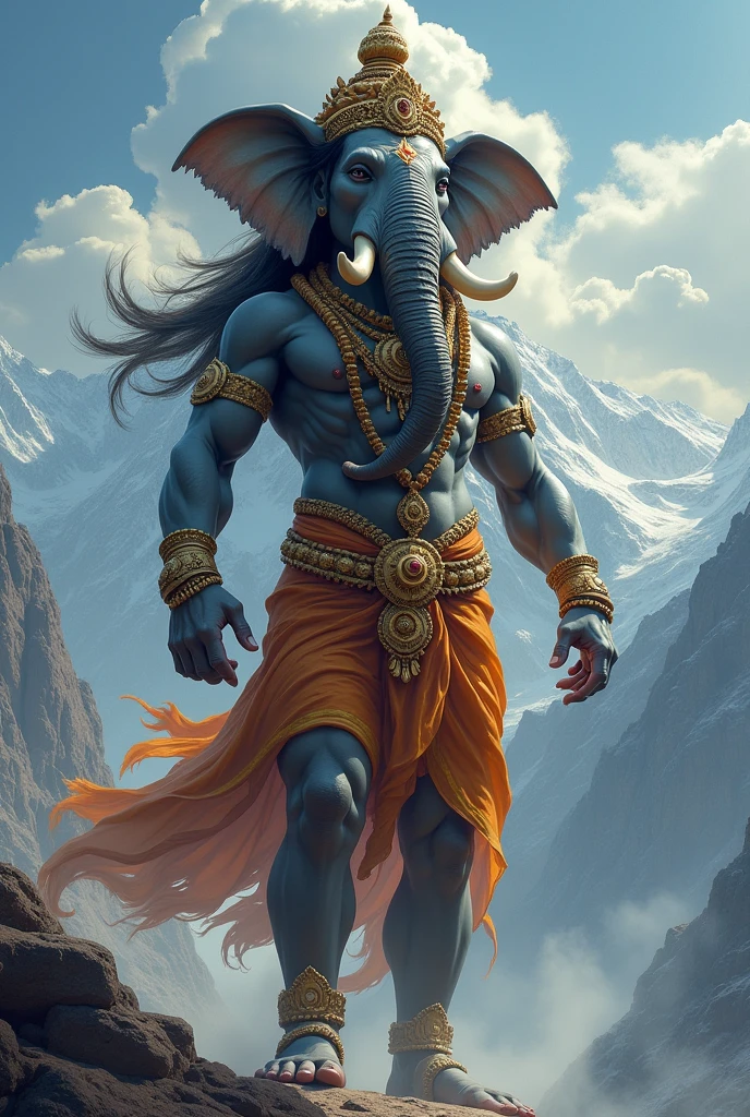 Lord shiva setting elephant head on human body
Background himalayas