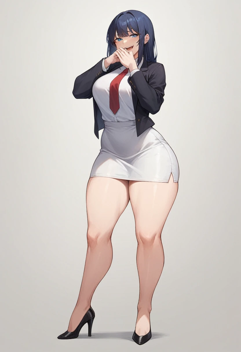 1adult woman, solo, long straight hair, hair bangs, bangs covering forehead, standing, dark blue hair,black blazer, white shirt, red tie, black pencil skirt, busty, thick thighs, wide hips, big soft thighs, shapely legs, black high heels, full body shown, white background,simple eyes, long fingernails, thick thighs pressed together, smug face, smug, smirk, teasing, blue eyes, entire body shown,one hand covering mouth , half-lidded eyes, open mouth