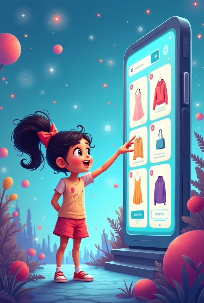 Cartoon background girl ordering something from big screen( e commerce)