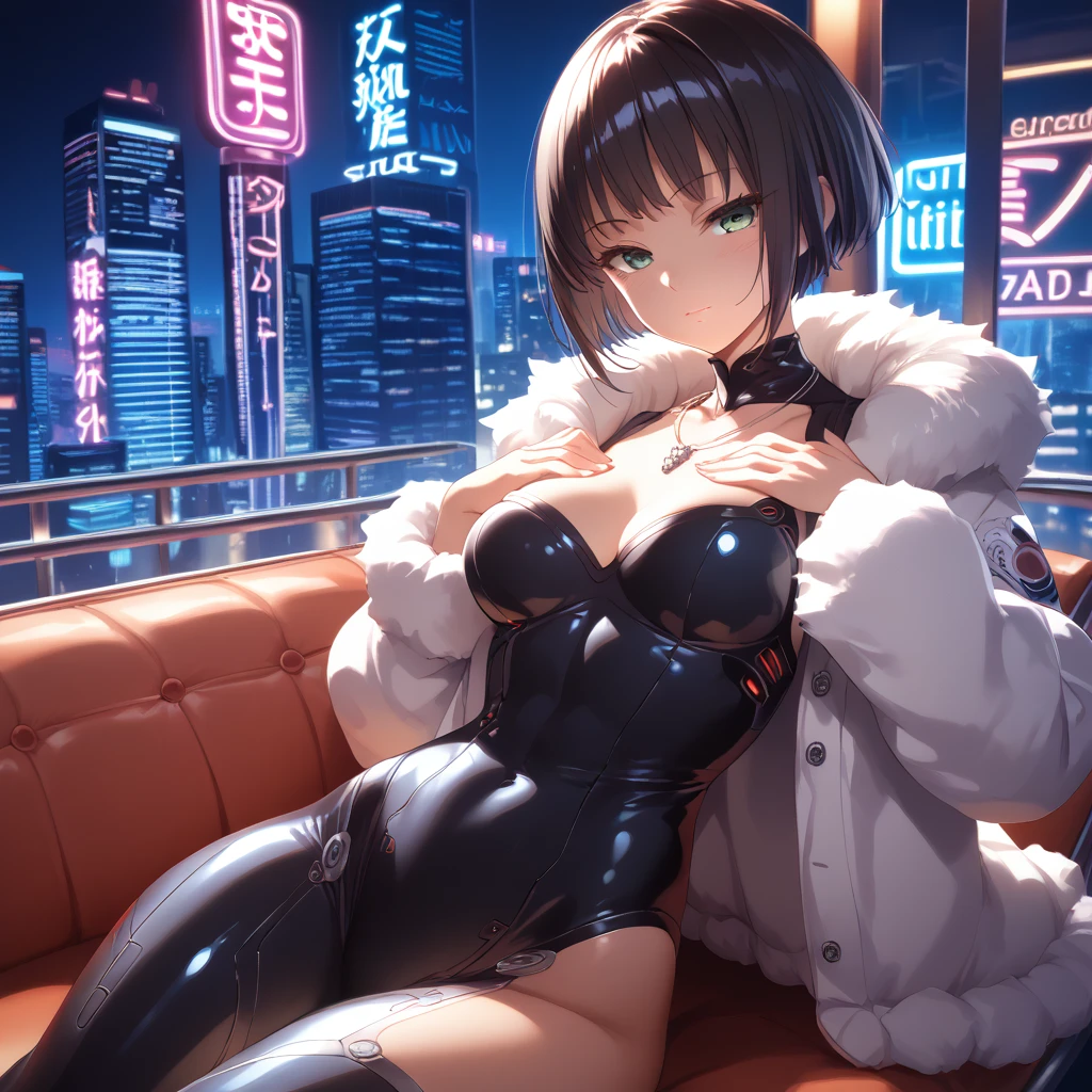 (SAFE FOR WORK), 1 female, Yusuke Murata style, Fubuki, sexy face, longer face, short black hair, fully lidded eyes, green eyes, puckered lips, no lipstick, slim/toned body, extremely slim waist, perfect firm breasts, big boobs,skin tight, black low cut dress, white fur jacket, l necklace, sitting on lounge chair, night, detailed city background, futuristic city, penthouse, lots of skyscrapers, Tokyo, neon lights, starts, thick thighs, more details, hands on chest