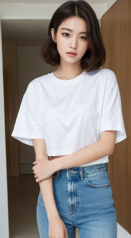 ((Highest quality, 8k, masterpiece :1.3)), 1 person, beautiful woman with slim abs :1.3, (Hairstyle is free :1.2), Short white T-shirt :1.2, Ultra-fine face, Delicate eyes, double eyelid, Underarm,Denim hot pants、Attractive thighs