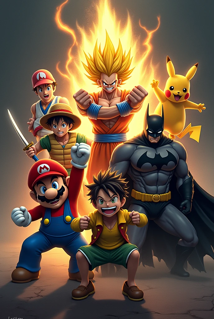 Super Mario, ein Super Sajajin, Raffael from the Ninja Turtles, monkey D.Ruffy, Pikachu and Batman in a group photo with a dark background, striking attack poses