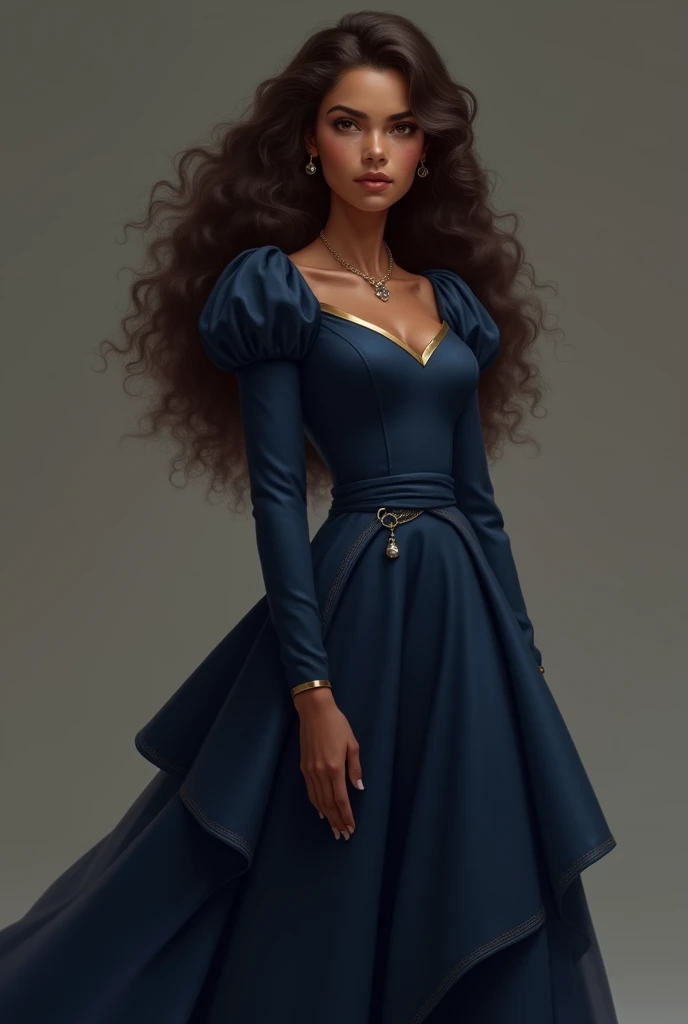 A girl with brown skin tone and curly hair.
Wearing navy blue gown with full sleeve.
Looking serious.