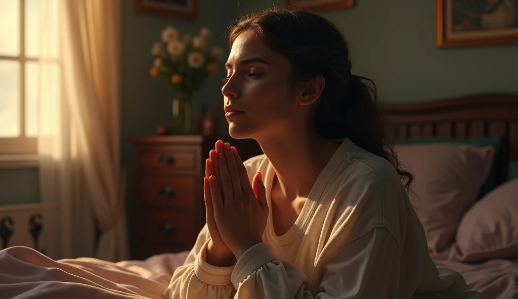 Realistic person praying in a bedroom.