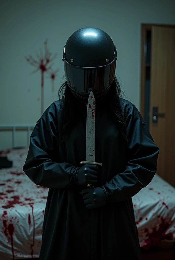 korean girl, (behind multiple corpse, black biker helmet), holding knife, stabbing, black gloves, room full of blood, black raincoat, plump girl, holding knife, black gloves, behind multiple corpse, blood splatter, 20 years old, bed room, black wet suit, night, mass murderer, killer, robbery, dark atmosphere, cinematic lighting, atmospheric realistic, light from the window, close-up,
