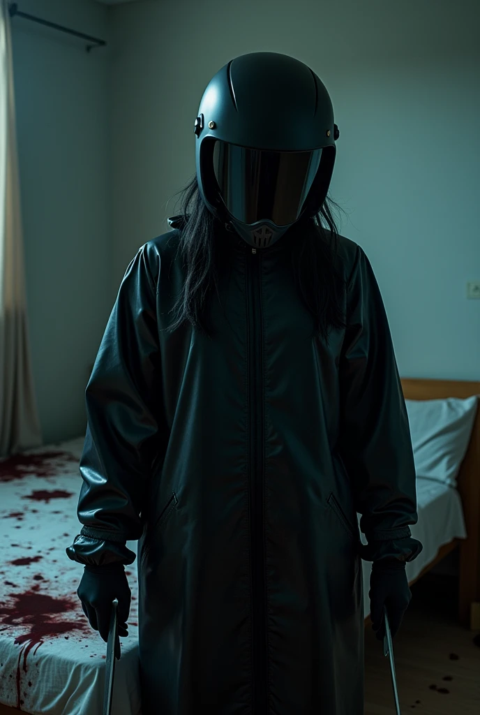 korean girl, (behind multiple corpse, black biker helmet), holding knife, stabbing, black gloves, room full of blood, black raincoat, plump girl, holding knife, black gloves, behind multiple corpse, blood splatter, 20 years old, bed room, black wet suit, night, mass murderer, killer, robbery, dark atmosphere, cinematic lighting, atmospheric realistic, light from the window, close-up,