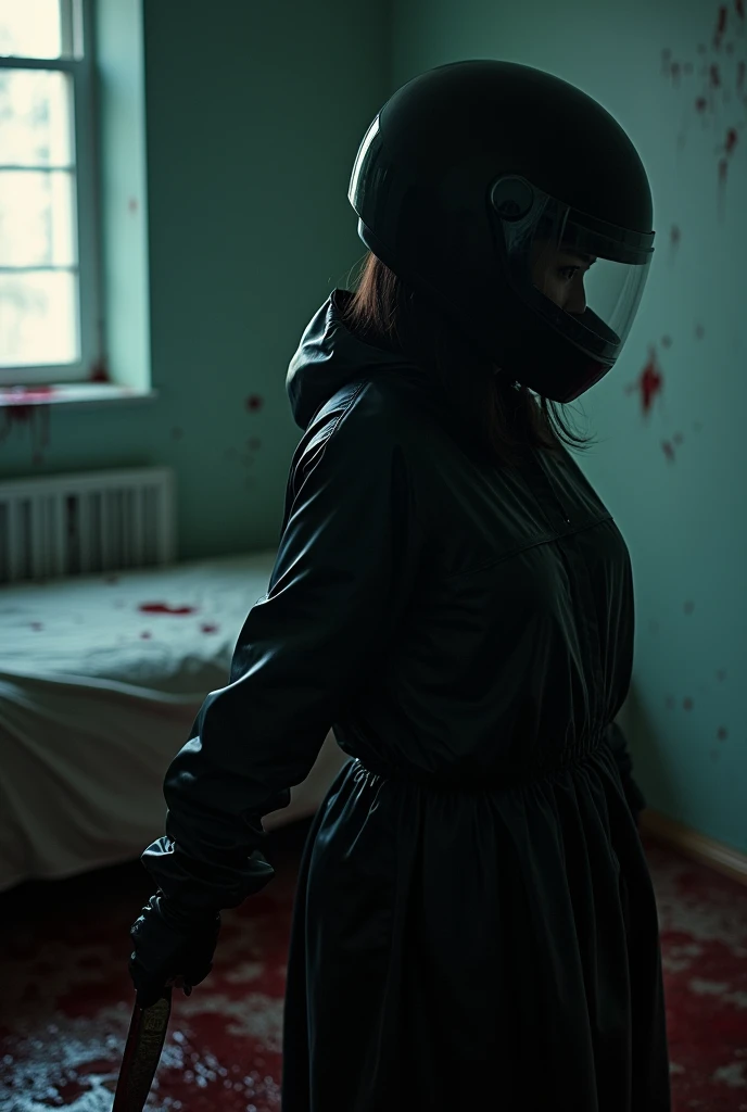 korean girl, (behind multiple corpse, black biker helmet), holding knife, stabbing, black gloves, room full of blood, black raincoat, plump girl, holding knife, black gloves, behind multiple corpse, blood splatter, 20 years old, bed room, black wet suit, night, mass murderer, killer, robbery, dark atmosphere, cinematic lighting, atmospheric realistic, light from the window, close-up,
