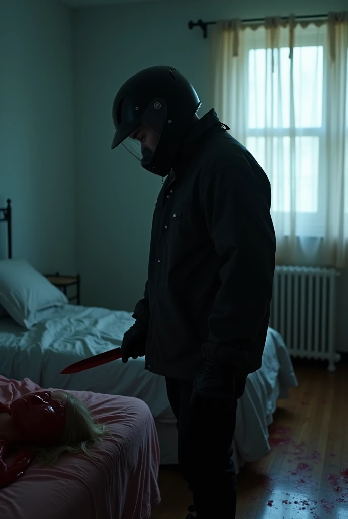 korean girl, (behind multiple corpse, black biker helmet), holding knife, stabbing, black gloves, room full of blood, black raincoat, plump girl, holding knife, black gloves, behind multiple corpse, blood splatter, 20 years old, bed room, black wet suit, night, mass murderer, killer, robbery, dark atmosphere, cinematic lighting, atmospheric realistic, light from the window, close-up,
