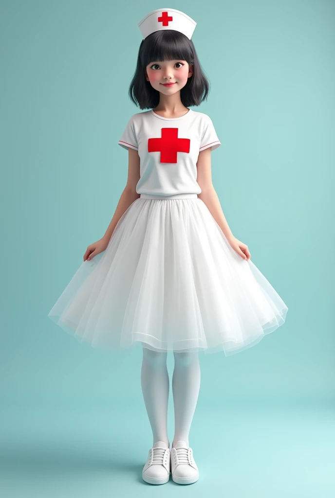 Can you create a nurse costume for a , with a tutu (tulle skirt) white, with a basic white t-shirt that has a red cross in the middle of the shirt, con medias blancas tenis whites y un gorrito de enfermera también con una cruz roja