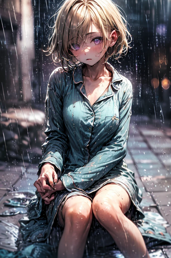 a girl of 19, nighttime, very dark, only source of light is the amber light of a street light, sat outside in the rain with her back against a while and hugging her own legs for warmth, she is naked except for a pyjama shirt that is detailed and coloured teal. She has very short caramel-blonde hair and expressive and detailed purple eyes that are a window into her depression. It is raining heavily, she is sitting outside on the pavement soaked to the bone, every part of her is dripping wet with heavy rainwater, is it nighttime, and very dark, sitting outside on the pavement, sidewalk, in a pyjama shirt, buttoned up pyjama top, street, road, small breasts, small B-cup breasts, town street, ((buttoned pyjamas)), short hair, very short hair, detailed eyes, very detailed purple eyes, focus don't he eyes, depressed expression, dark depressing image, very little light, nighttime, perfect eyes, amazing eyes, highly detailed eyes, close up,