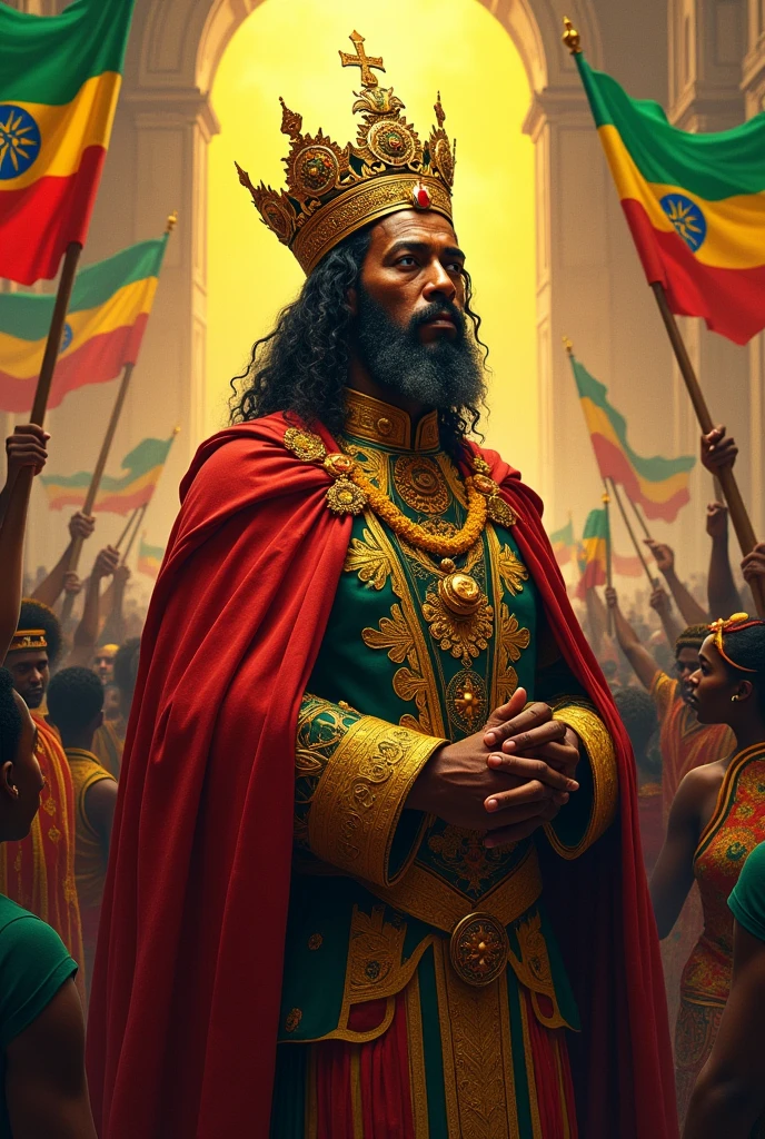 Reggae album cover of the great emperor Jah Selassie, liberator of Ethiopia, with his royal crown in a large space as if it were a castle,  being revered by all its people and flags of Ethiopia , 80s reggae aesthetic