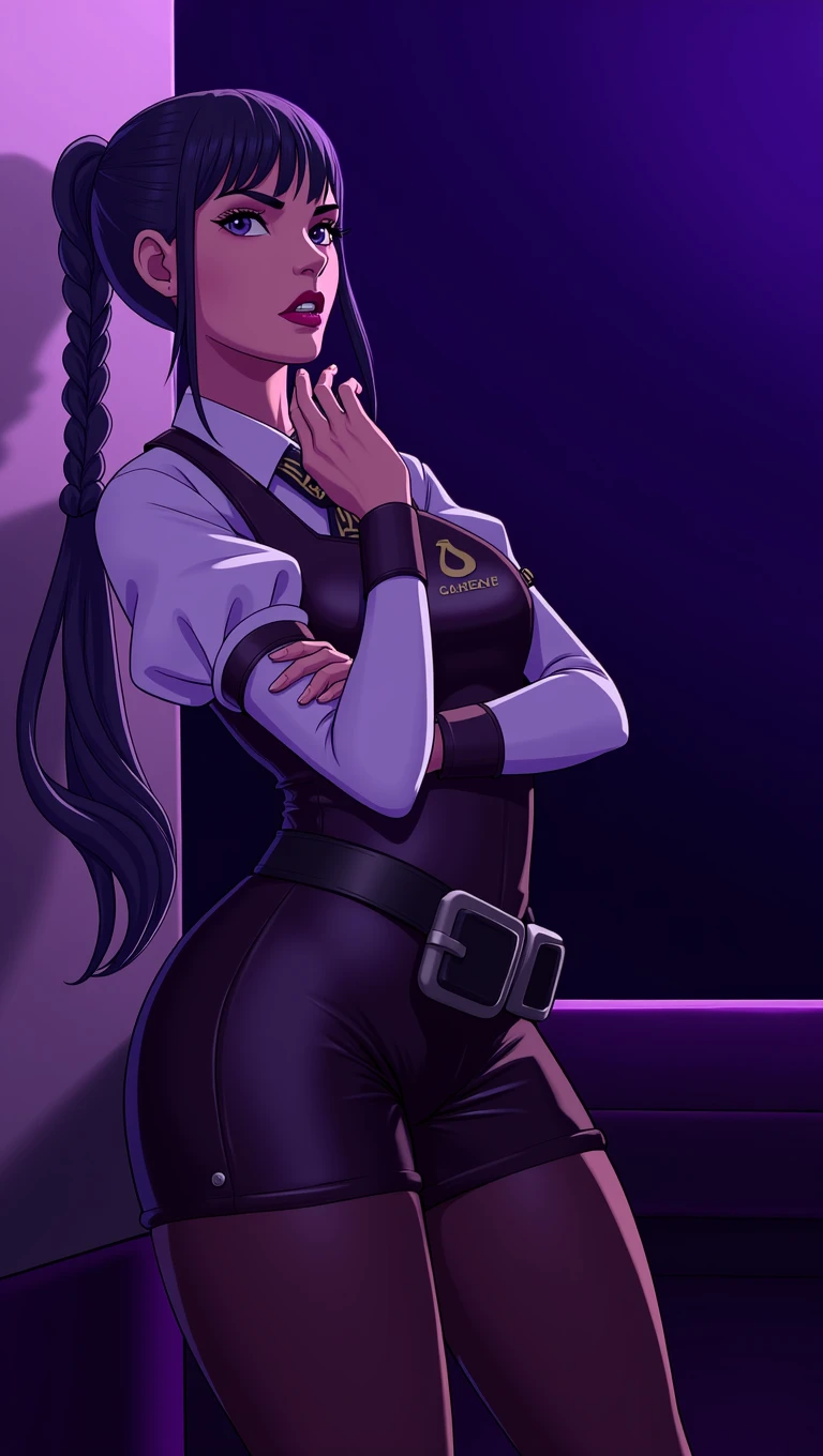 Mature woman, black hair, braided ponytail, barmaid outfit, looking afar, stern expression, in bar, low lighting, ambient purple lighting, masterpiece 