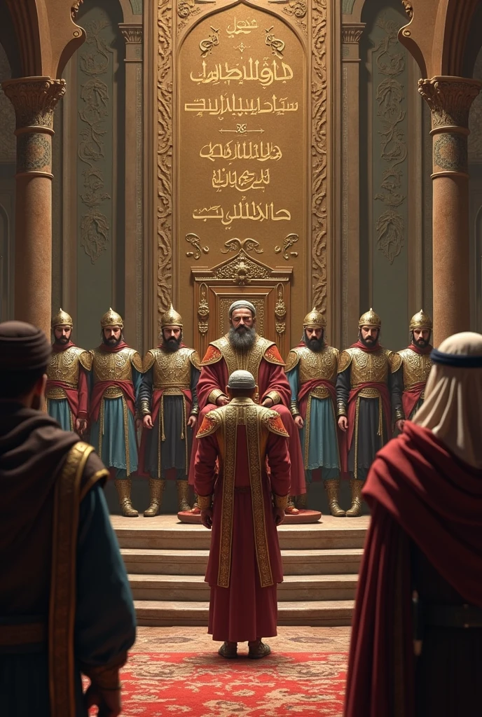 Baybars Khan sits on the Mamluk throne, behind him are Kipchak soldiers with slanted eyes, wearing Central Asian armor. In front of Baybars Khan, an Arab Bedouin is pleading. Baybars Khan is looking angrily. In the background, there is a Mamluk palace decorated with Central Asian figures, but there is also writing in the Göktürk alphabet along with Arabic script.. Baybars Khan, around 40-50 years old, appears quite powerful..