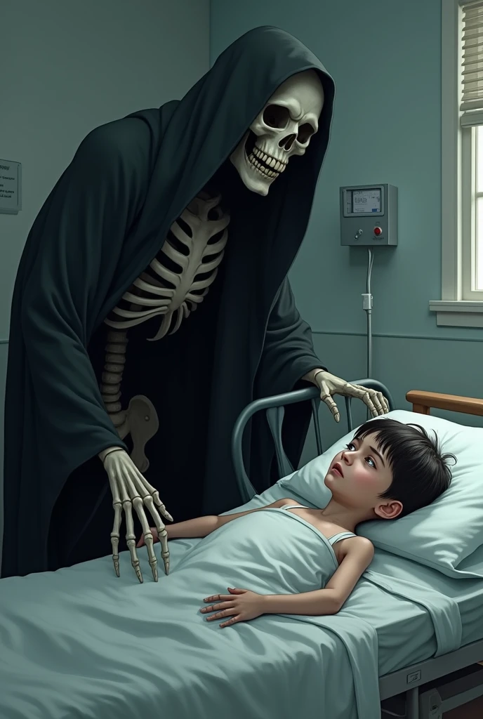 A sick child is in the hospital and the grim reaper is beside him smiling.