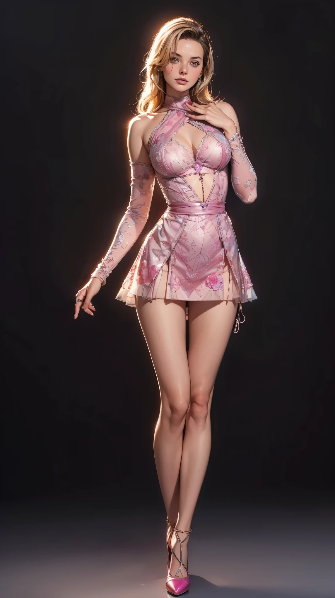 ((best quality, 4k, highres, masterpiece:1.2)), ((character concept art)), ((Margot Robbie)), 1girl, beautiful detailed eyes, beautiful detailed lips, extremely detailed face, long eyelashes, voluminous blonde hair, classic Hollywood glamour, wearing hot pink mini-dress, high heels, glamorous accessories, soft lighting, dramatic shadows, cinematic feel, high-quality, photorealistic, digital painting, chiaroscuro, warm color palette, ((intricate detail)), super finely detailed hands, ultra finely detailed fingers (((ten fingers))), (standing elegantly), (full body showcase), (show full body), (no logos on background), (no logo), ((plain background)), ((plain background)), (((empty background)))
