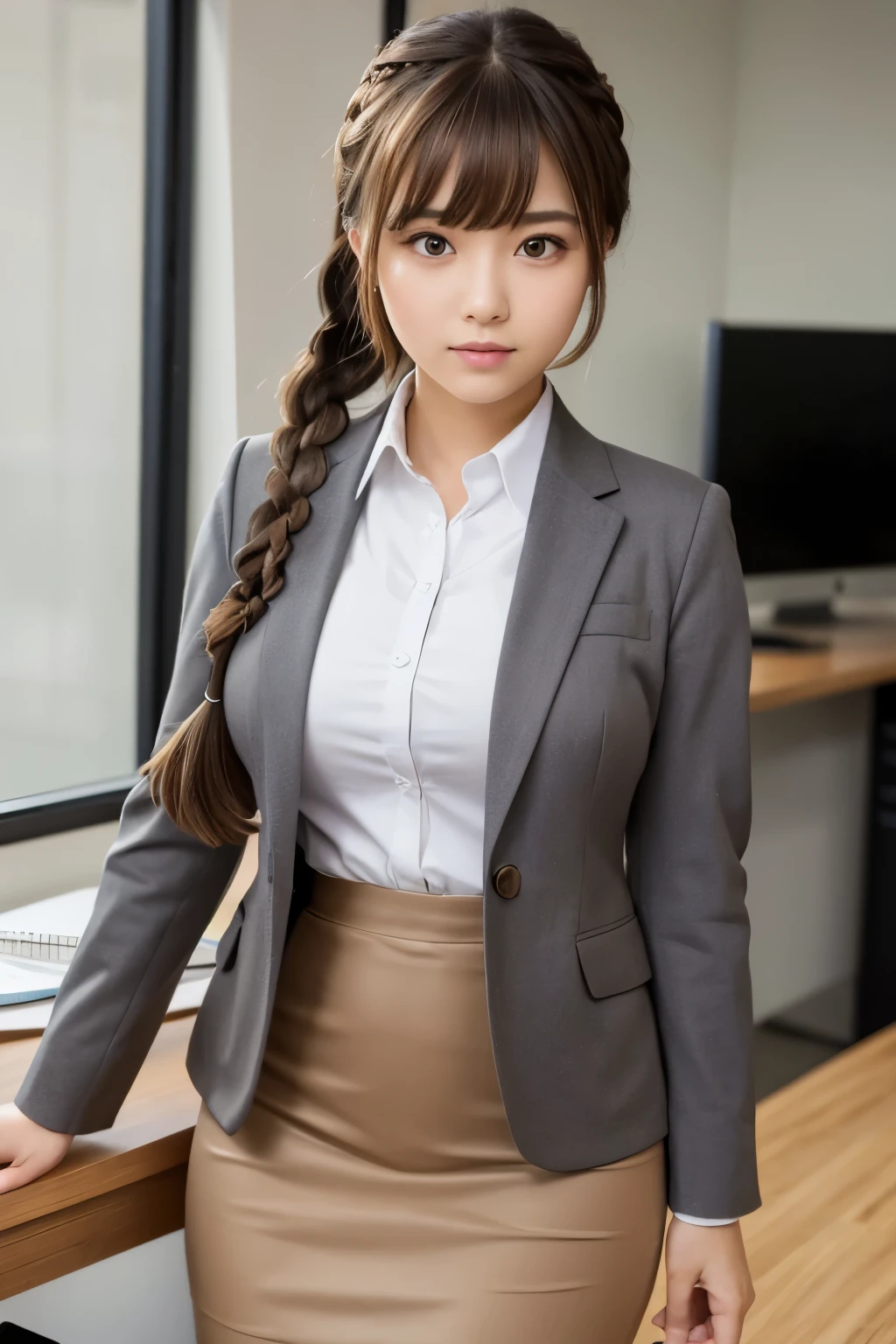 masterpiece, best quality, 1 girl, solo, teenager, large breasts, light brown eyes, bangs, brond hair, braids hair, office staff suit, jacket, pencil skirt, upper body, standing, office