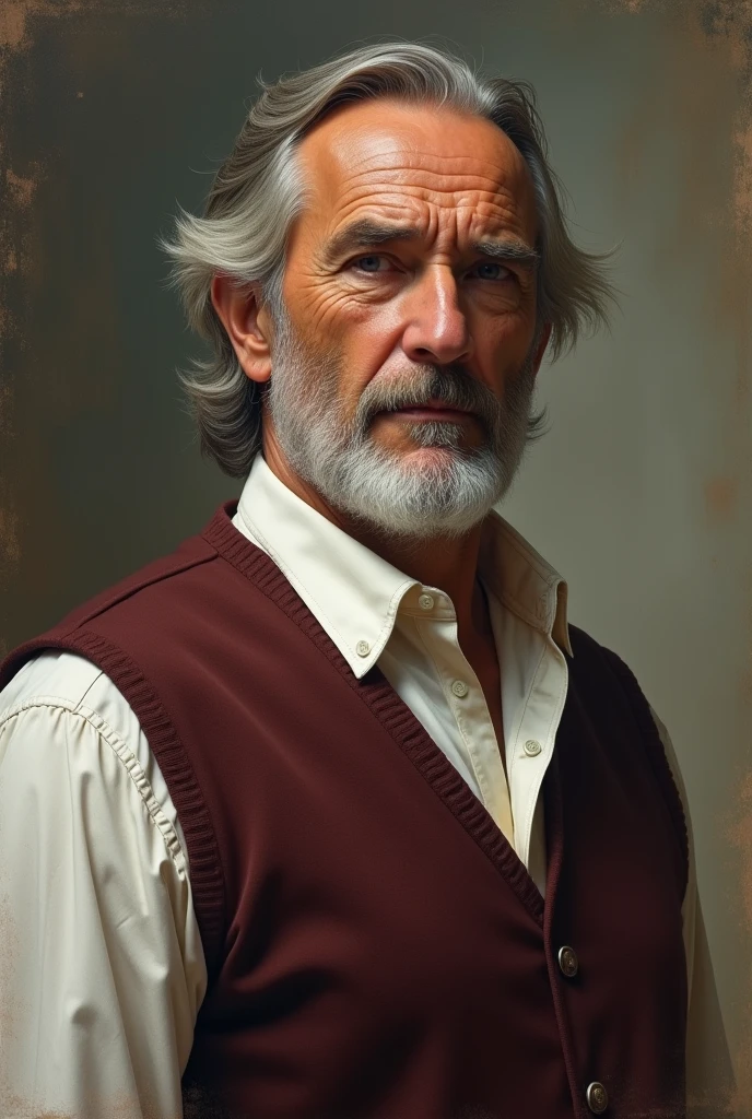 A 50-year-old man with a sparse, slightly gray beard, tanned skin, and half-white hair, with a serious expression. He is wearing a white dress shirt and a dark red waistcoat, in the style of an oil painting.