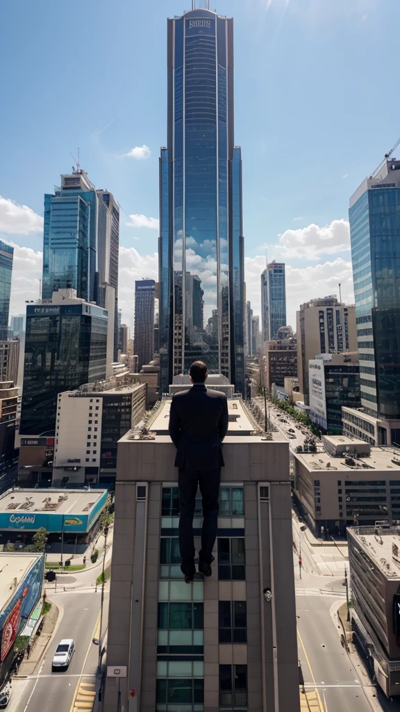 A man looking at huge billboard on tall building, bottom to up view, city street, tall buildings,