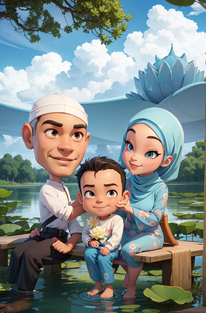 3D Cartoon, big head, Family, father and mother sitting, Mother wears hijab, and son standing, background of lake with lotus flowers in the water, beautiful clouds and sky, , Smile, beautiful hair, 3D render, 3D Cartoon, big head, cartoonish look, high resolution, super detail, soft lighting