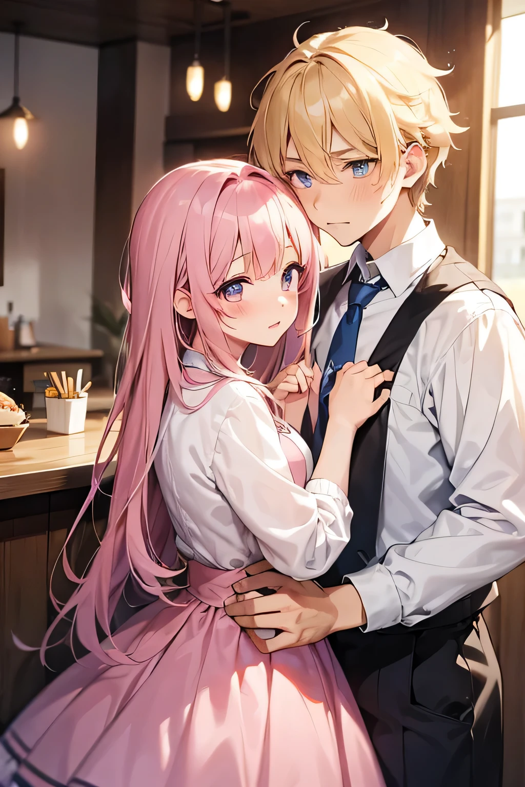1boy1girl, 2people, blonde hair, blue eyes, messy hair, short hsir, pink hair, pink eyes, long hair, slightly tall, blushing, date, resturant, holding hands