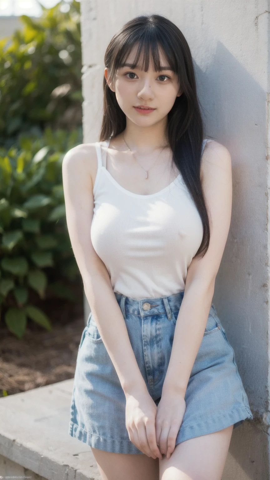 ((1girl)), woman, masterpiece, best quality, highest quality, cinematic lighting, (volumetric lighting), extremely detailed CG unity 8k wallpaper, focused, 8k wallpaper, extremely detailed, ultra realistic, photorealistic, sharp focus, absurdres, (HDR:1.2), (high contrast), photograph, detailed and intricate, instagram, portrait, highly detailed, digital painting, artstation, concept art, smooth, sharp focus, illustration, cinematic lighting, (big breast:1.3), (((skinny, slim legs))), (japanese idol posture), (knit strap tanktop, mini skirt, open shoulder, open chest, cleavage), looking at the viewer, (I don't see arms)), ((Standing)), ((Medium body shot, hip level shot)), long hair, ((leaning on a wall)), beautiful eyes.