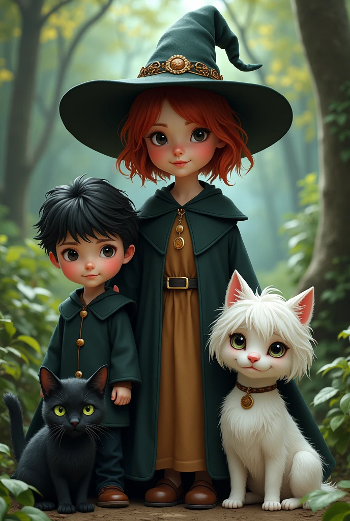 A family of three, a black cat and a white dog. They should represent a bewitching mom with short reddish hair and black eyes, with an older son with black hair and a daughter with black hair, She should have a witch's hat. Place them in a place surrounded by nature. It must have a black cat with green eyes and a small, shaggy white dog
