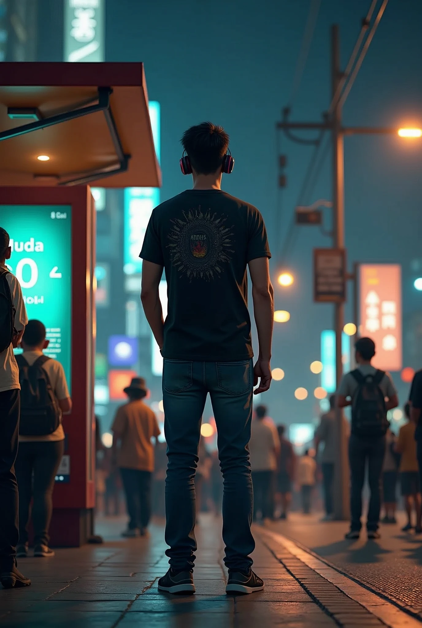 (photorealism), a well-dressed young man, neat hairstyle, standing facing the camera, waiting for the bus, at the city bus stop, black printed t-shirt and jeans, heaDphones, position in front of the camera, the street light shines on him, at night, crowded with people, muda mudi, street lamps, a billboard, poster, road sign, traffic lights, electric pole, direction sign