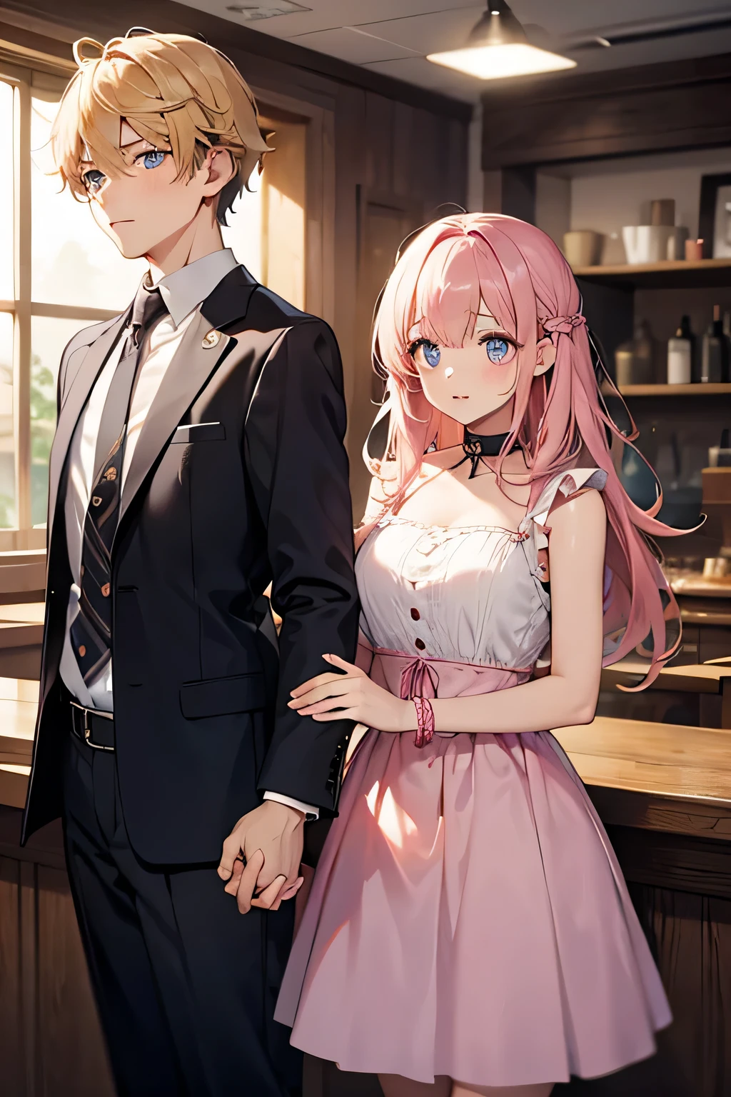 1boy1girl, 2people, blonde hair, blue eyes, messy hair, short hsir, pink hair, pink eyes, long hair, slightly tall, blushing, date, resturant, holding hands