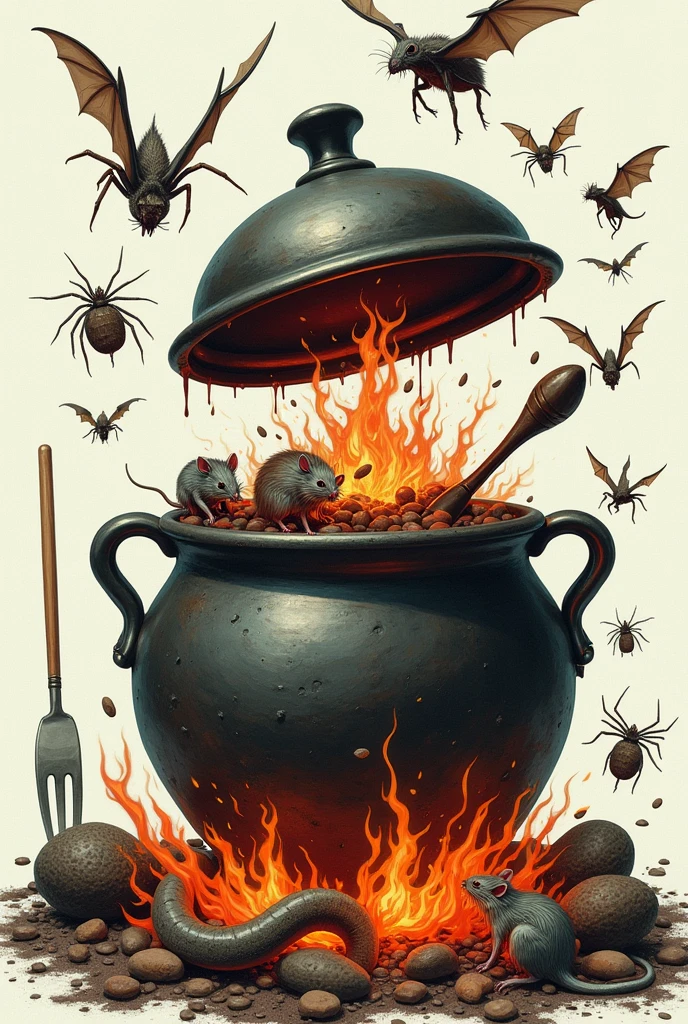 A caricature of a pot on the fire where the lid lifts itself and rats emerge, Snakes, Spiders, bats and many more insects. An analogy of corruption and various crimes being uncovered. A transparent background to overlay the image on different surfaces.