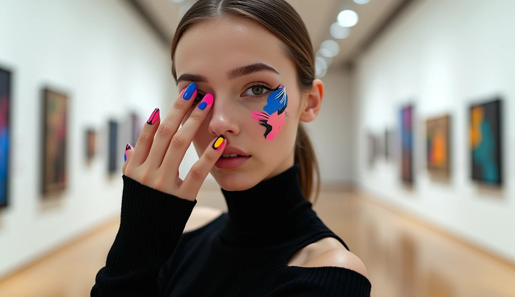 Abstract Art Nail Art with a Museum Model: This design features bold, abstract patterns with splashes of color, geometric shapes, and fluid lines in bright tones like cobalt blue, magenta, and sunny yellow. The background model is standing in a modern art museum, blending into the environment as if the nails are part of an exhibit. The model's sleek, black outfit contrasts with the vibrant nails, drawing attention to the artwork on the fingertips.