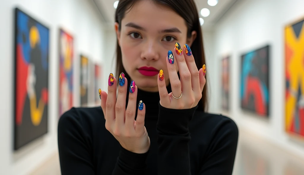 Abstract Art Nail Art with a Museum Model: This design features bold, abstract patterns with splashes of color, geometric shapes, and fluid lines in bright tones like cobalt blue, magenta, and sunny yellow. The background model is standing in a modern art museum, blending into the environment as if the nails are part of an exhibit. The model's sleek, black outfit contrasts with the vibrant nails, drawing attention to the artwork on the fingertips.

