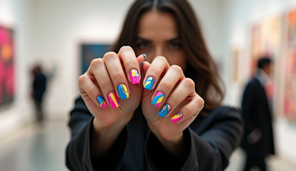 Abstract Art Nail Art with a Museum Model: This design features bold, abstract patterns with splashes of color, geometric shapes, and fluid lines in bright tones like cobalt blue, magenta, and sunny yellow. The background model is standing in a modern art museum, blending into the environment as if the nails are part of an exhibit. The model's sleek, black outfit contrasts with the vibrant nails, drawing attention to the artwork on the fingertips.

