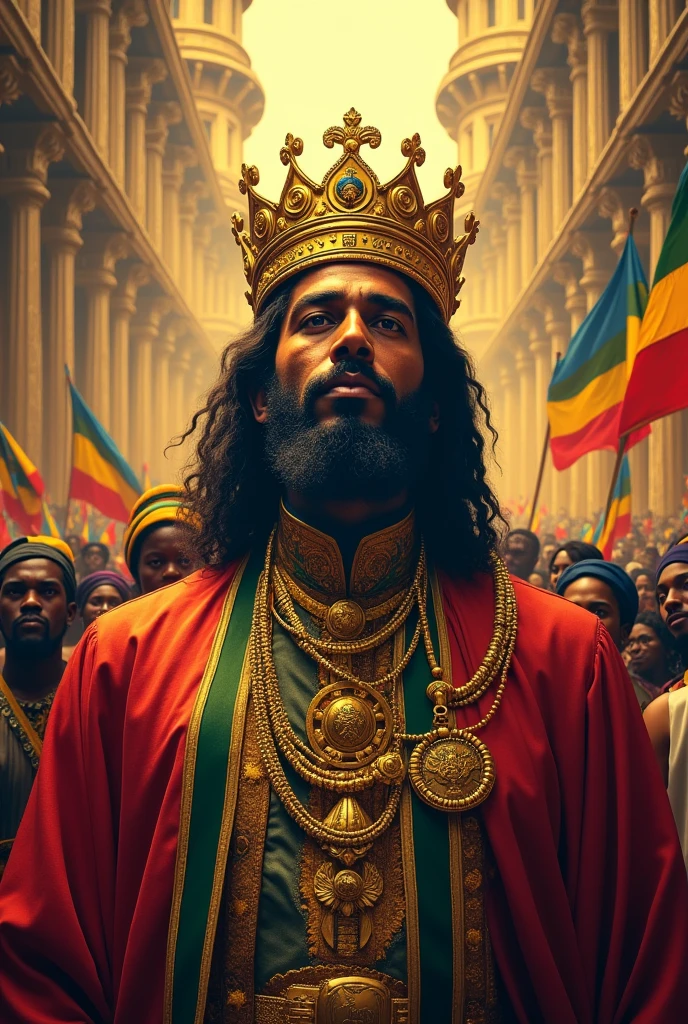 Reggae album cover of the great emperor Jah Selassie, liberator of Ethiopia, with his royal crown in a large space as if it were a castle, being revered by all its people and flags of Ethiopia , 80s reggae aesthetic
